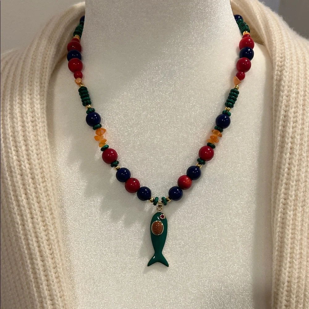 Colorful Beaded Fish Pendant Necklace — Green, Red & Blue - Picture 2 of 4